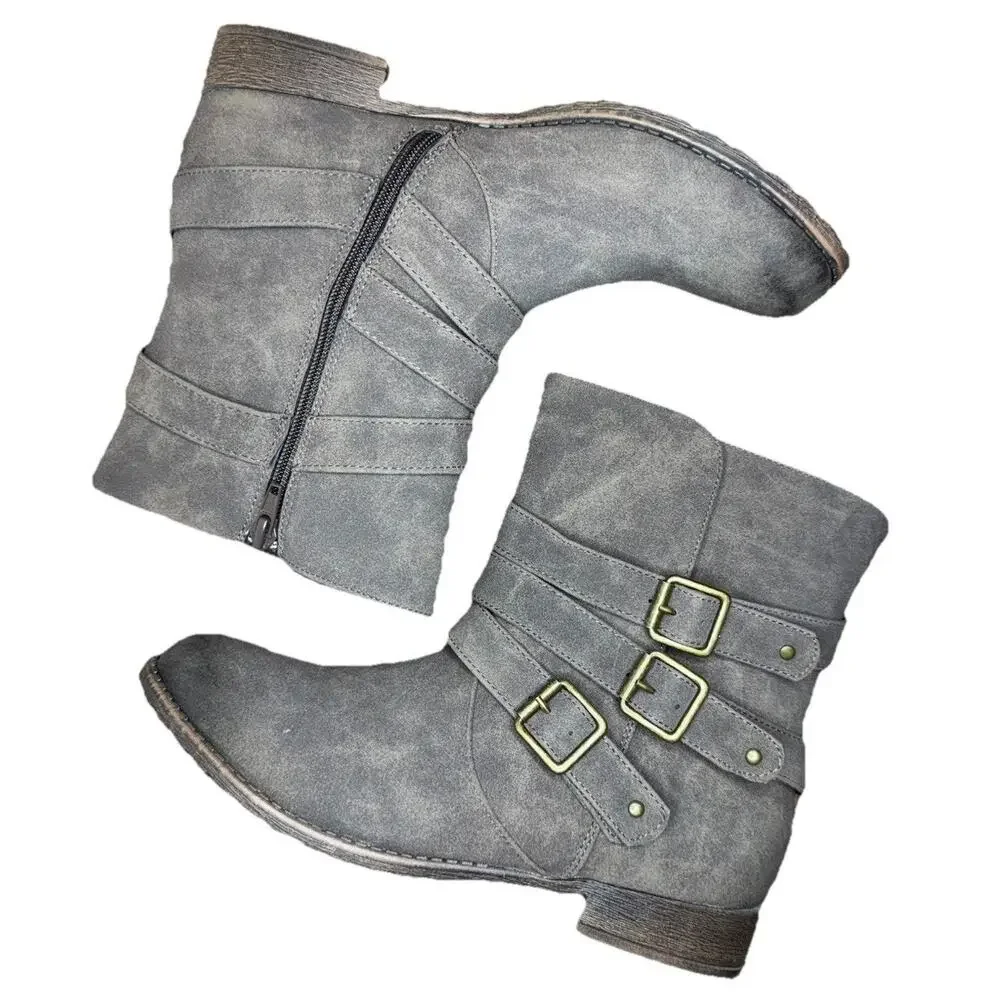 JustFab Ankle Boots Grey Womens 8.5 M Burnished Gray Black Straps Buckles